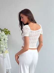 Aloruh 白色蕾丝拼接 T 恤，性感优雅，适合婚礼、派对、伴娘、暑假和约会之夜 - 杏色 - 查看 2