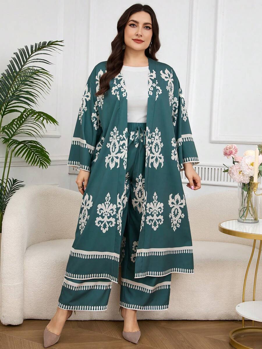 Mulvari 2 件大码女式长外套和裤子套装,度假装 - 彩色 - 查看 1