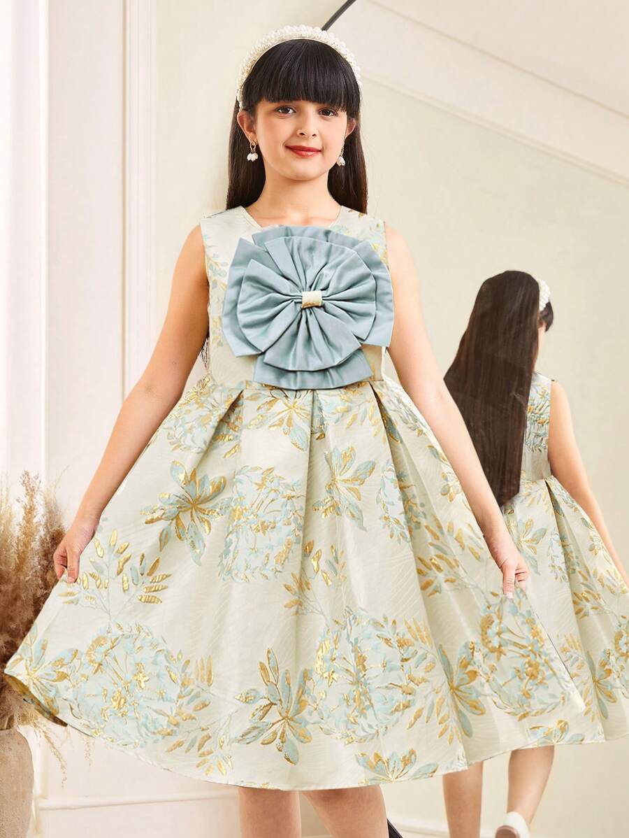 SHEIN Leap Crew Tween Girls Elegant Floral Jacquard Sleeveless Dress - Blue - View 1