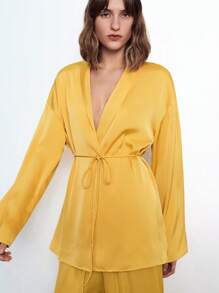 Maija 女士宽松舒适 V 领百搭休闲优雅都市时尚商务休闲办公室装，低调复古氛围，别致现代感，适合城市通勤，杂志编辑推荐，城市社交、度假、派对、浪漫、优雅、精致、巡航装 - 黃色 - 查看 4