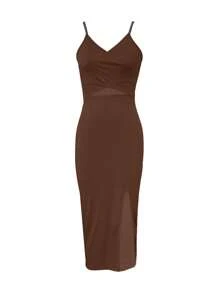 Breezaya Women's Spaghetti Strap Cross Back Cutout Waist High Slit Bodycon Dress, Spring/Summer Burgundy Maxi Women Outfit - Coffee Brown - View 3