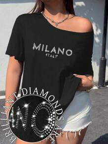 Flirla Plus Size Women's Off-Shoulder 'MILANO ITALY' Oblique Shoulder T-Shirt Graphic Tees Women Tops - Black - View 3
