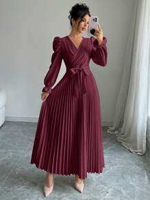 Chiquease Đầm dài tay xếp ly cổ chữ V đơn giản màu trơn đơn giản cho mùa thu Maxi dành cho nữ - Màu Đỏ Sâu - Xem 5