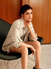 Uhlyne 女士休闲亚麻长袖翻领梭织衬衫 - 卡其色 - 查看 9