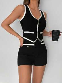 Siren Gaze Women's Edged Single-Breasted Vest And Shorts 2 Pieces Set, Fashionable Summer Casual - Black and White - View 4