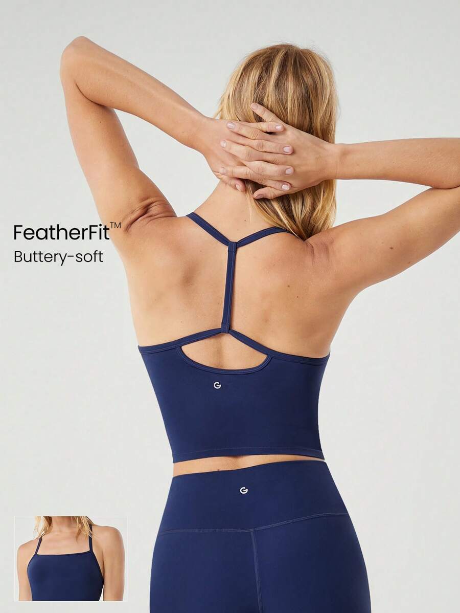 GLOWMODE FeatherFit™ T-Neck Racerback Tank Top Light Support Low Impact Yoga Studio  Spring Summer - Dark Blue - View 1