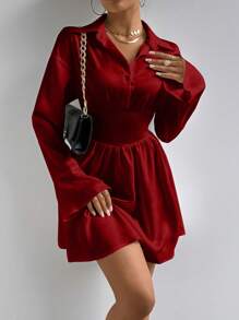 Chiquease 优雅简约纯色腰部喇叭袖连衣裙 - 紅木色 - 查看 4