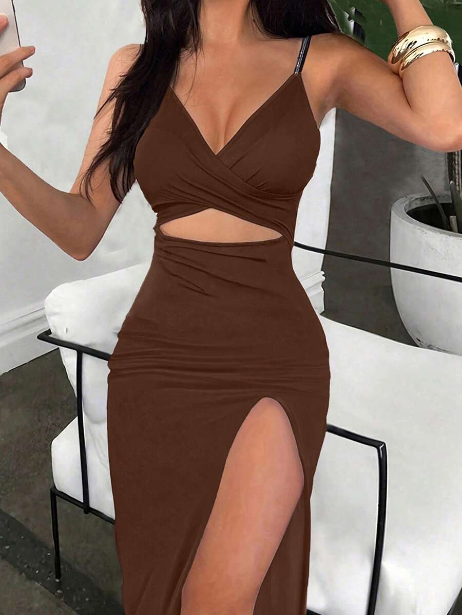 Breezaya Women's Spaghetti Strap Cross Back Cutout Waist High Slit Bodycon Dress, Spring/Summer Burgundy Maxi Women Outfit - Coffee Brown - View 1