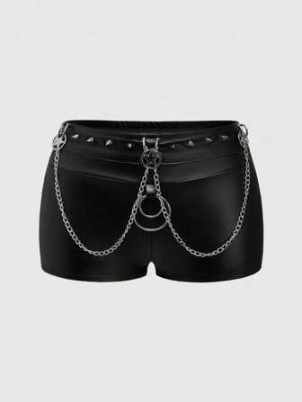 Goth Short de piel sintética ultrabajo en miniatura para mujer talla grande de estilo gótico punk sexy en negro con remaches, cadena, luna, círculo, diablo, pentagrama