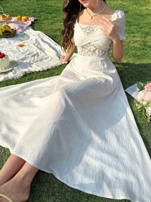 Modelyn Women's White Lace Patchwork Elegant Romantic Long Dress - White - View 4