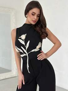 SHEIN Privé 情人节时尚优雅浪漫 3D 花卉图案黑色立领修身紧身背心 - 黑色 - 查看 3