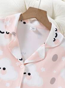 2pcs Tween Girl Cloud Pattern Allover Print Short Sleeve T-Shirt And Shorts Flame Retardant Homewear Set - Pink - View 5