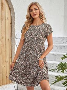 SHEIN LUNE Vestido casual simples de manga curta para mulheres, fashionável para uso diário - Multicolorido - Visão 5