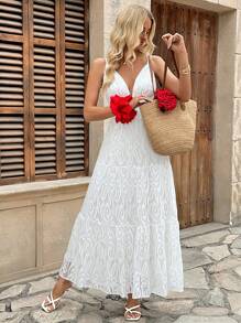 Rafferiza Women Elegant Sleeveless V-Neck Lace Dress - White - View 3