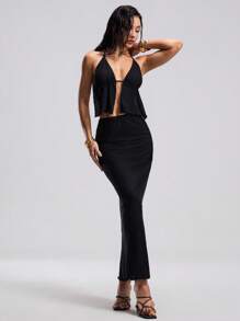 Swim EVENT Women's Solid Color Textured Halter Beach Crop Top & Low Waist Fish Tail Skirt Two-Piece Beach Outfit Set, Summer - Black - View 5