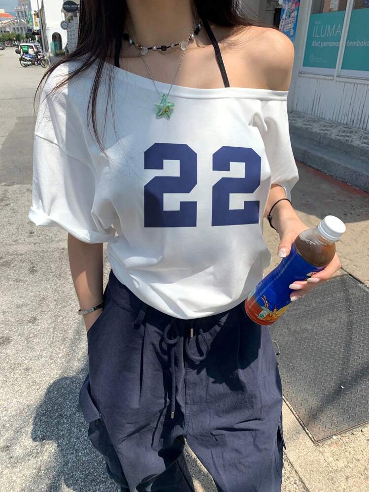 Women Digital Print Round Neck Convertible Shoulder Short Sleeve T-Shirt, Summer Graphic Tees Women Tops - White - View 4