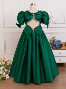 SHEIN Tween Girl Elegant Rhinestone Hollow Butterfly Decor Cinched Waist Ruched Maxi Poplin Satin Formal Dress - Green - View 5