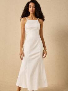 Poéselle סגנון נופש צרפתי משוחרר סקסית ללא גב שמלת מקסי פשתן עם רצועת ניגודיות, טוטו ארוך, בגדי נשים בסגנון בוהמי, שמלת חוף לנשים, שמלת אביב, שמלת סיום לבנה, שמלת סיום לבנה - לבן - ראה 2