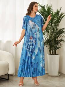 Seusyu Women's Crew Neck Short Sleeve Floral Print Casual Long Dress - Multicolor - View 1