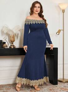 Modelyn Plus Size Elegant Party Lace Trim Off Shoulder Fishtail Dress