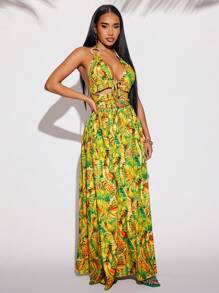 SHEIN SXY Mùa xuân và mùa hè Old Money BOHO Kỳ nghỉ Thanh lịch Thường ngày Mặc hàng ngày với hoa màu vàng xanh lá cây Halter V-cổ xếp li dài Slim-Fit Swing cho phụ nữ Váy - Nhiều màu - Xem 4