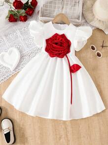 SHEIN Young Girl Elegant Contrast Color 3D Floral Puff Sleeve Ruched Flare Dress - White - View 3