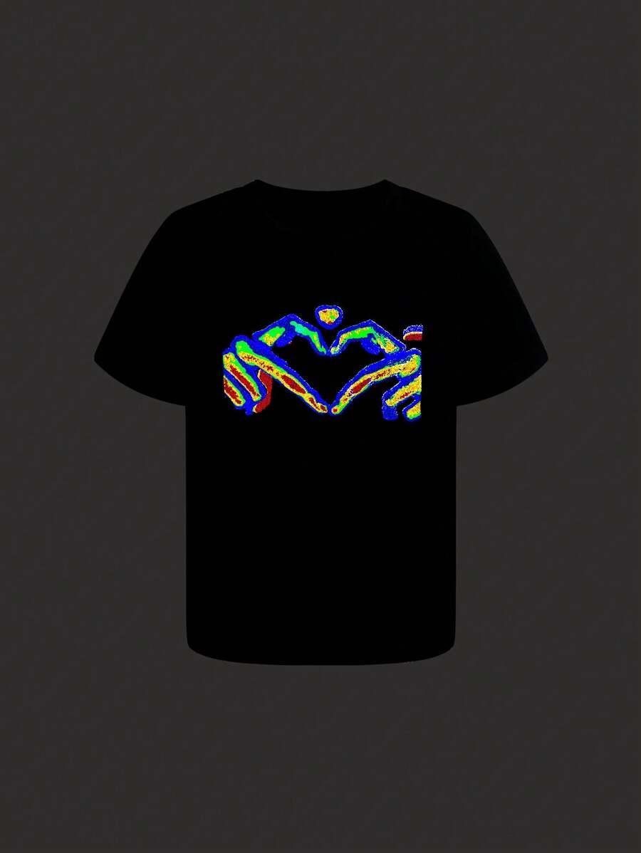 Girls' Black Minimalist Neon Graphic Print Round Neck Short Sleeve T-Shirt