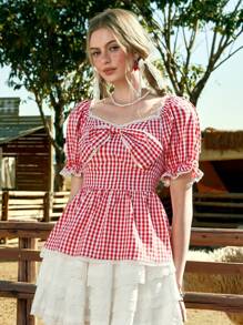 ROMWE Kawaii Women's Nature Girl Cottagecore Plaid Picnic Style 3D Bow Decor Babydoll Shirt