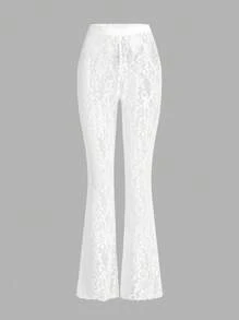 Opulessa Solid Color Knit Lace Slim Fit Long Sleeve Bodysuit & Pants 2pcs Women Set