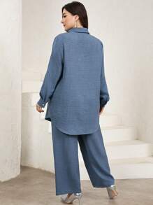 Veilorie Plus Size Women Floral Print Long Sleeve Single-Breasted Shirt And Pants Casual 2 Pieces Set - Dusty Blue - View 3