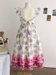 Dreamara Plus Size Women's Spring Retro Print Ruffled Cap Sleeve Sweetheart Neck A-Line Midi Dress, Vacation Style - Multicolor - View 2