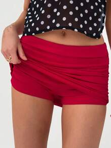 Aloruh Shorts casuales de yoga de cintura baja ajustada y elásticos con decoración fruncida, shorts rojos versátiles y seductores para el Día de San Valentín - Rojo - Ver 3
