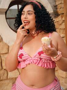 SHEIN Swim Mod 大码女式 2 件套樱桃印花比基尼上衣搭配常规泳裤，彩色比基尼套装，休闲活泼，适合度假、夏季海滩度假 - 彩色 - 查看 3