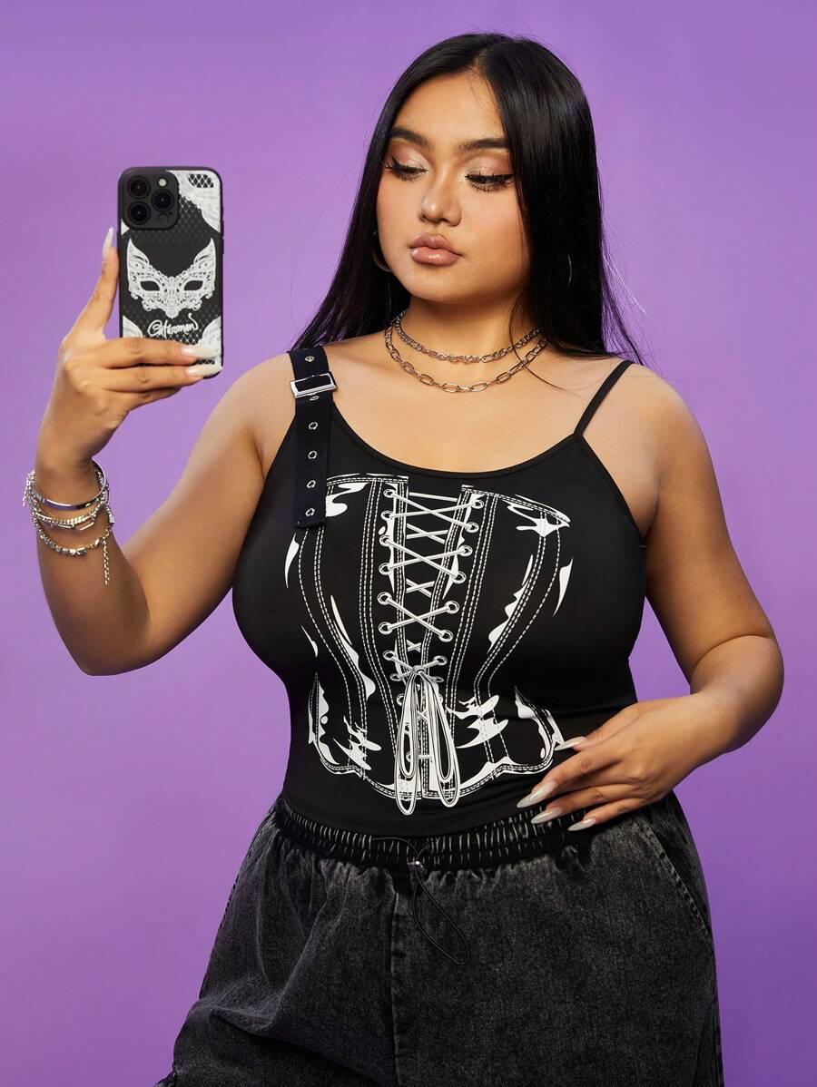 CATWOMAN X SHEIN Plus Size Spring & Summer Street Music Festival Sweet Y2K 90s Retro Black Cartoon Printed Pattern Slim Camisole Top - Black - View 1