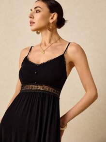 Poéselle Detail Waist And Lace Splicing Swing Cami Dress For Vacation