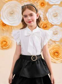 SHEIN Tween 女童纯色编织衬衫，带褶边、蝴蝶结装饰，休闲优雅，适合法式度假风格、衬衫、返校 - 米色 - 查看 5