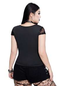 Whyspr Blusa transparente de encaje con escote en V y lazo, talla grande y sensual