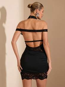 SHEIN BAE Women Solid Color Sexy Lace Splicing Halter Bodycon Mini Dress, Summer - Black - View 2