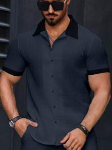 Manfinity Homme Men's Casual Simple Contrast Trim Short Sleeve Shirt