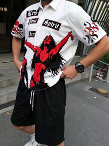 Áo sơ mi nam tay ngắn in họa tiết đồ họa cỡ lớn màu trắng Manfinity EMRG, Áo sơ mi nam cài nút, Phong cách đường phố - trắng - Xem 3