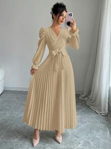 Calvaya Robe longue simple à col en V, manches bouffantes, plissée, de couleur unie, pour automne, tenue maxi pour femmes