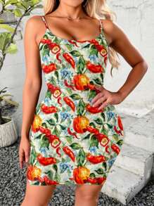 INAWLY Fashionable Sleeveless Floral & Chili Pepper Print Backless Spaghetti Strap Cami Dress, Sexy For Party And Nightout, Spring/Summer