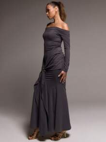 MUSERA Slinky Bardot Draped Maxi Dress Wedding Guest, Elegant, Summer Long Dress - Grey - View 3