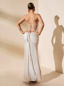 SHEIN BAE Sleeveless Satin Backless Dress, Simple Solid Color Apricot Bridesmaid Dress, Sexy Backless Tie-Up Design Long Evening Dress, Summer - Apricot - View 5