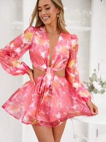 SHEIN VCAY Đầm lưới hở eo in họa tiết kỳ nghỉ cho nữ Đầm lưới đi biển cho nữ Đầm đỏ Đầm Phục sinh cho nữ Trang phục mùa xuân cho nữ Trang phục đi nghỉ Đầm lưới lễ hội Trang phục mùa xuân cho nữ Đầm Phục sinh cho nữ Đầm hoa cho nữ - Màu Hồng Tươi - Xem 3