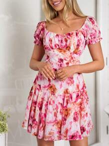 SHEIN VCAY 女士度假印花方领短袖迷你连衣裙