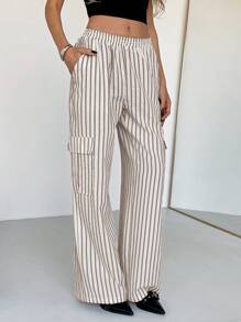 SHEIN Essnce Cargo 女士休闲条纹低腰通勤工装裤 - 白色 - 查看 5