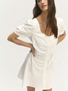 SHEIN Unity Puff Sleeves A-Shape Mini Dress 
Perfect For Casual Spring Summer Outings! - Beige - View 5