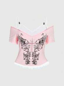 ROMWE Goth Women Off Shoulder Backless Short Sleeve Floral Lace Trim Sweet T-Shirt