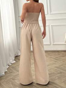 EURMUSE Summer Corduroy Two-Piece Set With Strapless Button-Front Top And Wide-Leg Pants - Featuring A Smocked Back For Comfort And Fit, Tailored Waist Detail, And Lightweight Corduroy Fabric, Perfect For Effortless Summer Elegance, Casual Outings, Or Stylish Vacation Looks Women Work Outfits Women S Summer Clothes Women S Clothes - Beige - View 2